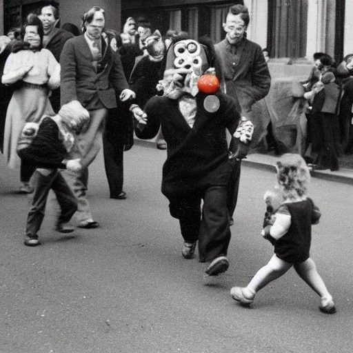 Creepy old photo of rainbow zippy monster chasing children at new year