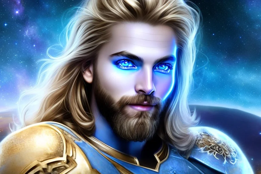 beauty cosmic warrior men with big blu eyes and smiling, wiyh long hair