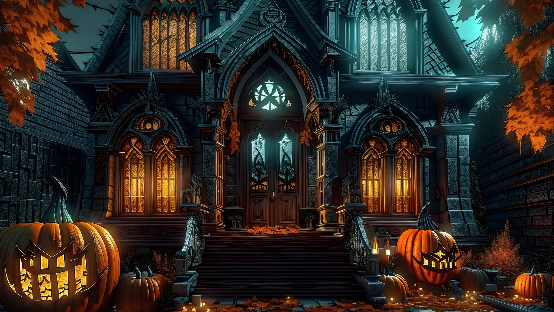 cyberpunk gothic church on halloween with pumpkins on its porch