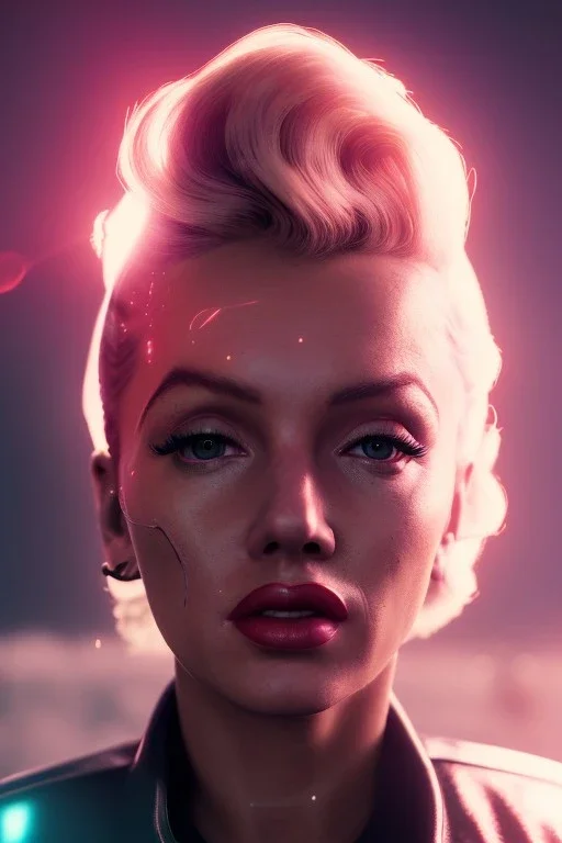 Ultra Realistic retro sci-fi scene, portrait, blonde woman, sweet young Marilyn Monroe face, perfect iris, tight latex coat, Strange planet background, Retro sci-fi style helmet, fog, rain, soft color, highly detailed, unreal engine 5, ray tracing, RTX, lumen lighting, ultra detail, volumetric lighting, 3d, finely drawn, high definition, high resolution.