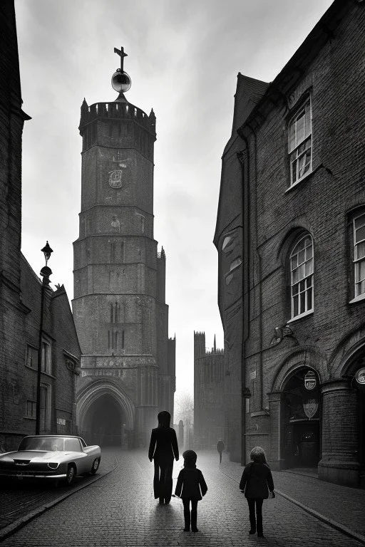 Creepy Old photo of Southampton bargate and eerie cat man and twisted street lights focussed on children's faces