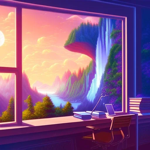 desk, parquet, sheet of paper, little pen, in front of one huge picture window with large view on a waterfall with warm light, sunset ,pixar style, panorama, nature, globe, HD