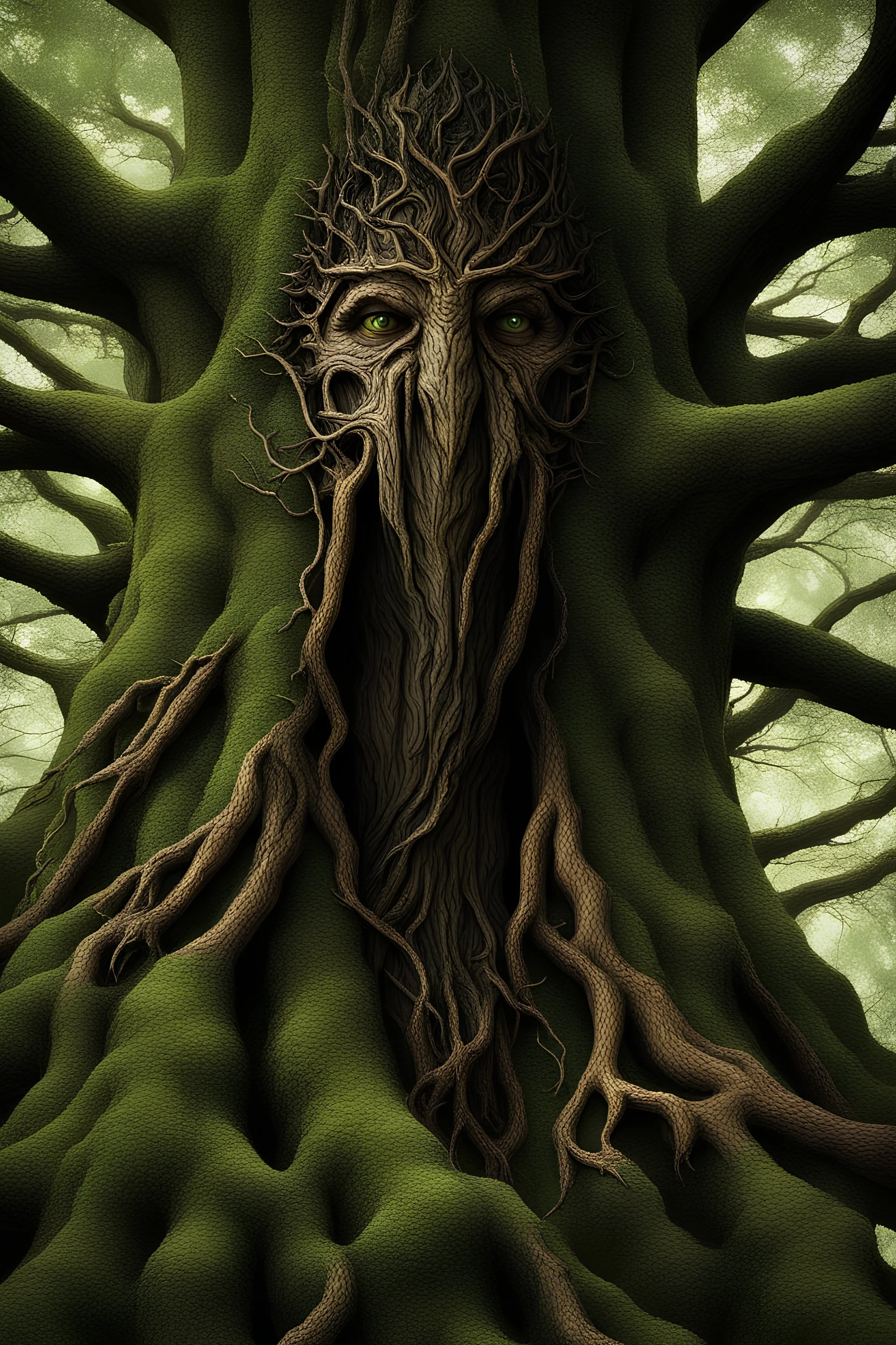 lord of the ring, treant, detailed bark, detailed branch, green dark leaves, photography