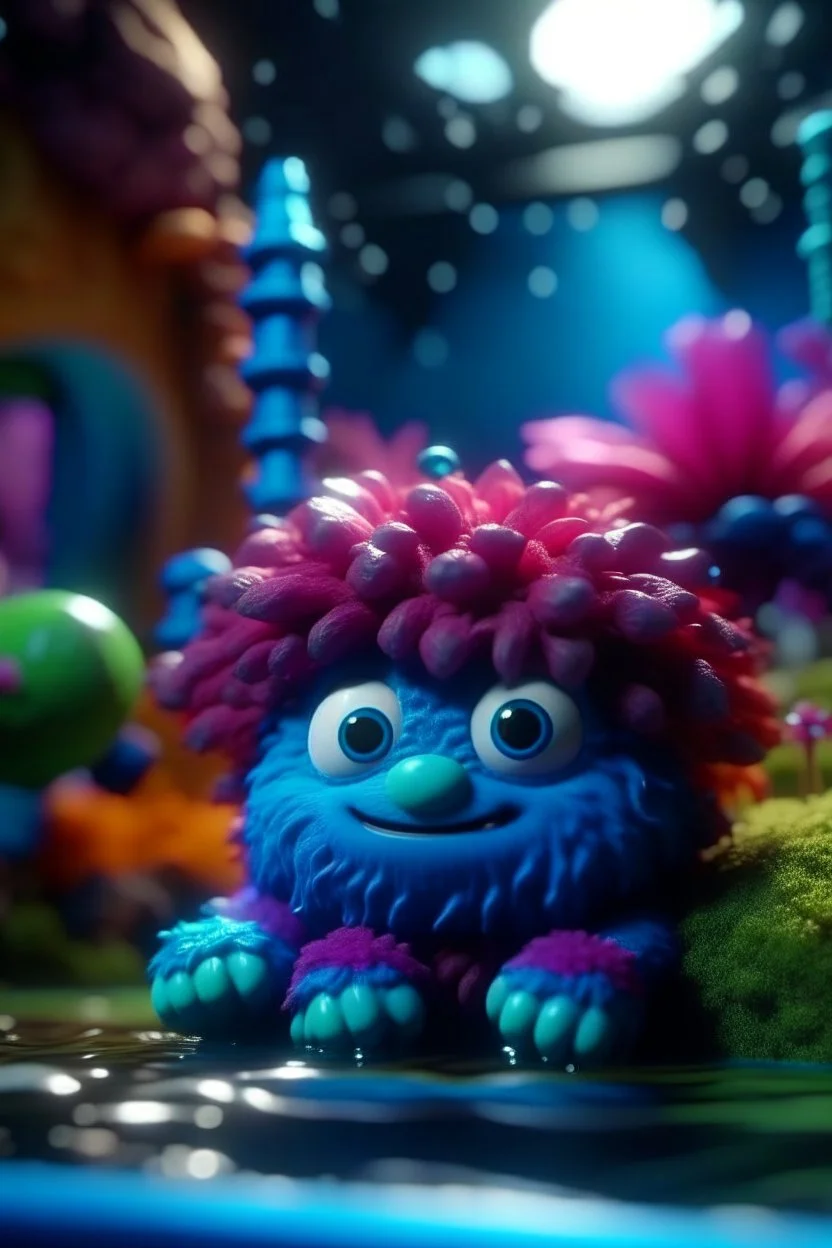 portrait cute fluffy toy wolly illithid in a water slide holding weird flowers in his trunk in the style of pixar, on a strange planet with weird colors and wind turbines, bokeh like f/0.8, tilt-shift lens 8k, high detail, smooth render, down-light, unreal engine, prize winning