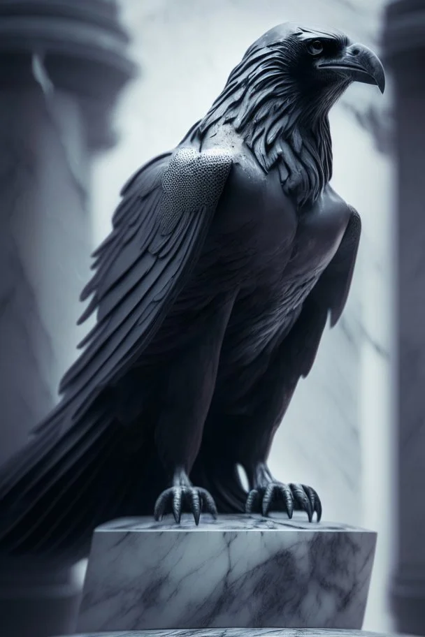 storm crow on marble statue, 4 k, trending art, depth of field, high detail, high contrast