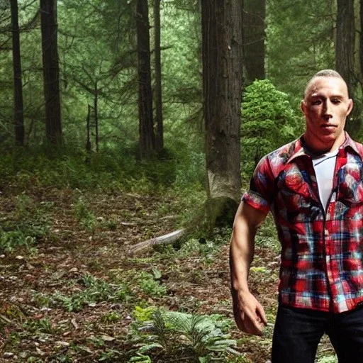 georges st pierre with a red plaid shirt, a backpack and a rifle in a creepy forrest with zombies