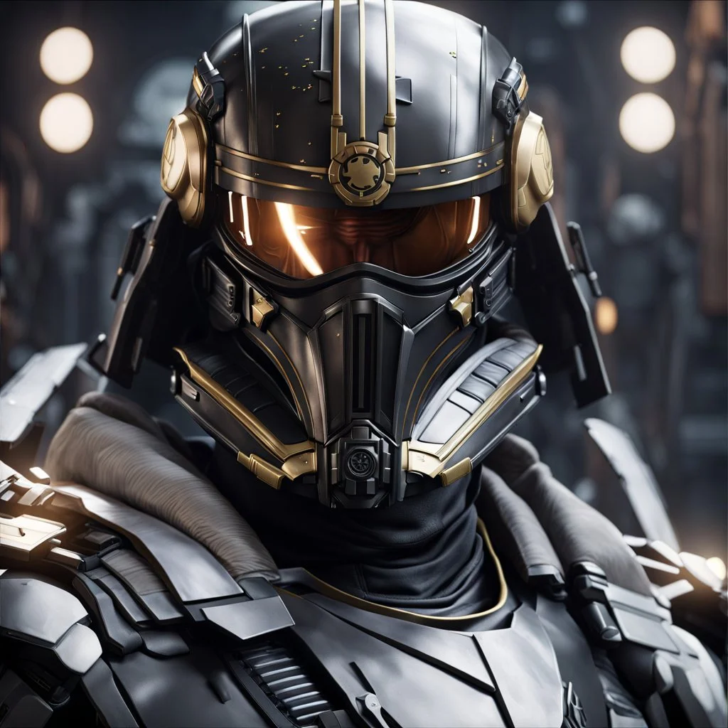 star wars bald male corellian pilot wearing pearlescent black and gunmetal grey First Order special forces heavy assault stealth commando armor and helmet with gold trim inside the jedi temple, hyperdetailed, dynamic lighting, hyperdetailed background, 8k resolution, volumetric lighting, light skin, fully symmetric details