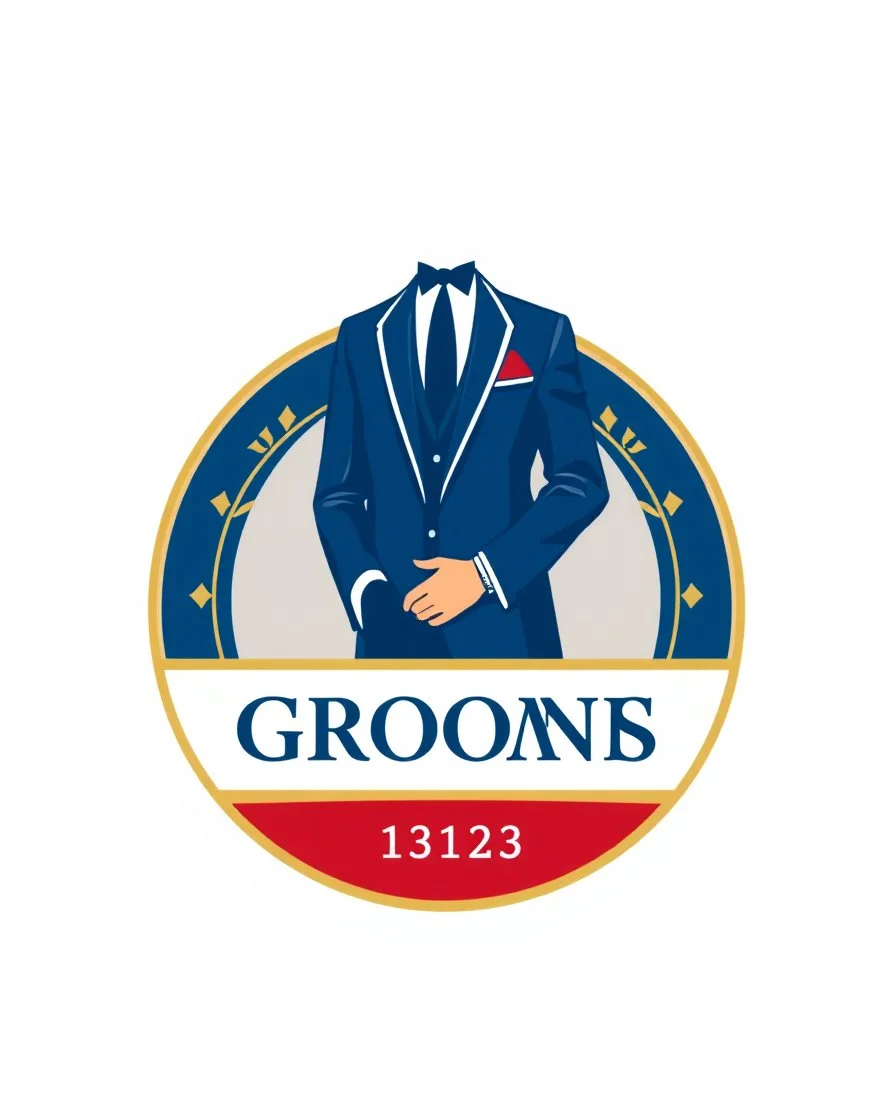 A circular logo with a vector of a groom in a formal suit at the top of the logo in a blue, red, white, gold, and silver color theme.