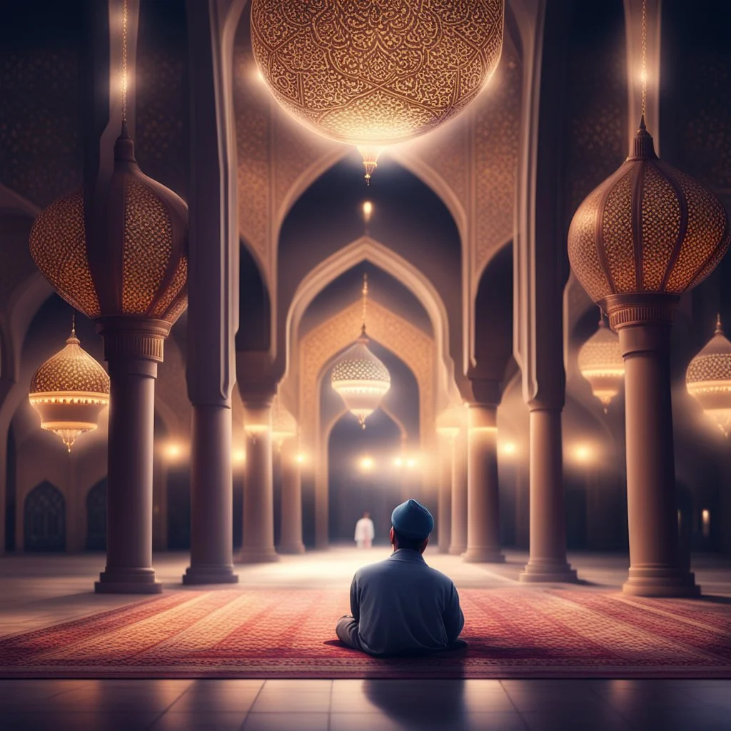 Hyper Realistic Man Praying & Ramadan Lights inside a beautiful mosque at night