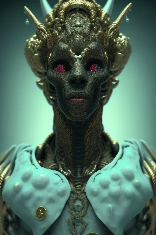 black male African alien, cracks in the voodoo head, wicked, diamond eyes, crown, blood, 8k, finely detailed, photo realistic, Boris Vallejo style turquoise skull head gold dragon space alien rain skeleton gold tooth silver helmet silver space suit spaceships