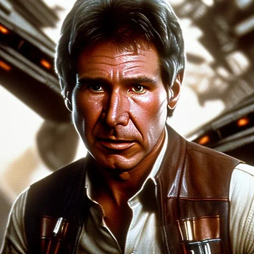 extremely detailed 8k hyperspace background,complete and photo realistic detailed head to waist stunning, extrem photo realistic portrait of harrison ford as han solo in star wars with short lenght, Symmetrical, soft, fine, warm, photo realistic hair, brown eyes, professional majestic photo realistic painting by Ed Blinkey, Atey Ghailan, by Jeremy Mann, Greg Manchess, Antonio Moro, trending on ArtStation, Intricate, High Detail, Sharp focus,dramatic, by greg rutkowski,rough skin,space outfit