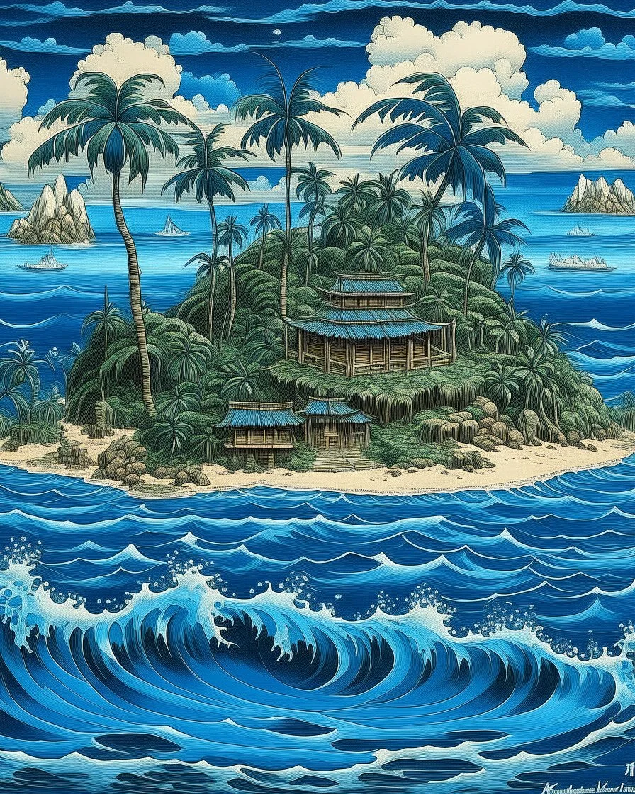 A blue island resort designed in Hawaiian tikis painted by Katsushika Hokusai