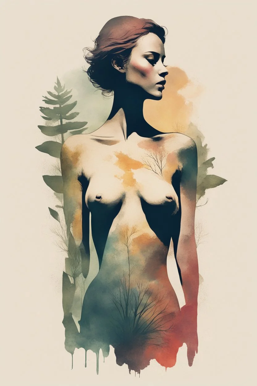 A minimalist, t-shirt design with a vintage twist, featuring a sleek and stylized unclad woman's body silhouette against a faded, women's body is a painting about nature, awesome, bright.