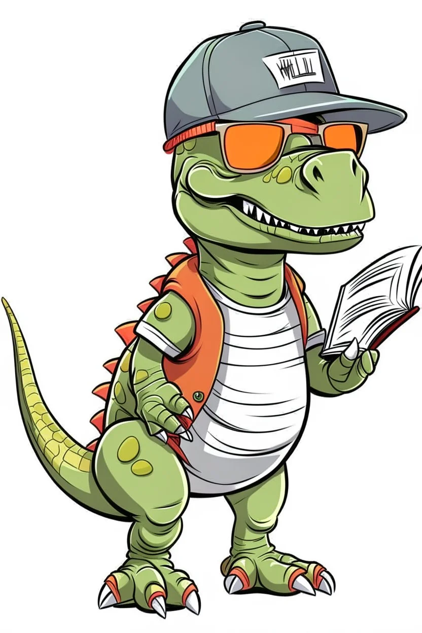 a cartoon dinosaur wearing a baseball cap and sunglasses, HOLDING ARE WRRITTEN BELO READ