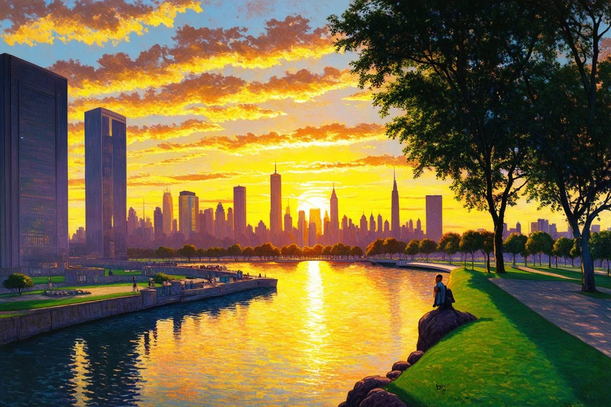 sunset, buildings, lake, rocks, city, park, trees, cyberpunk, sci-fi, claude monet impressionism paintings
