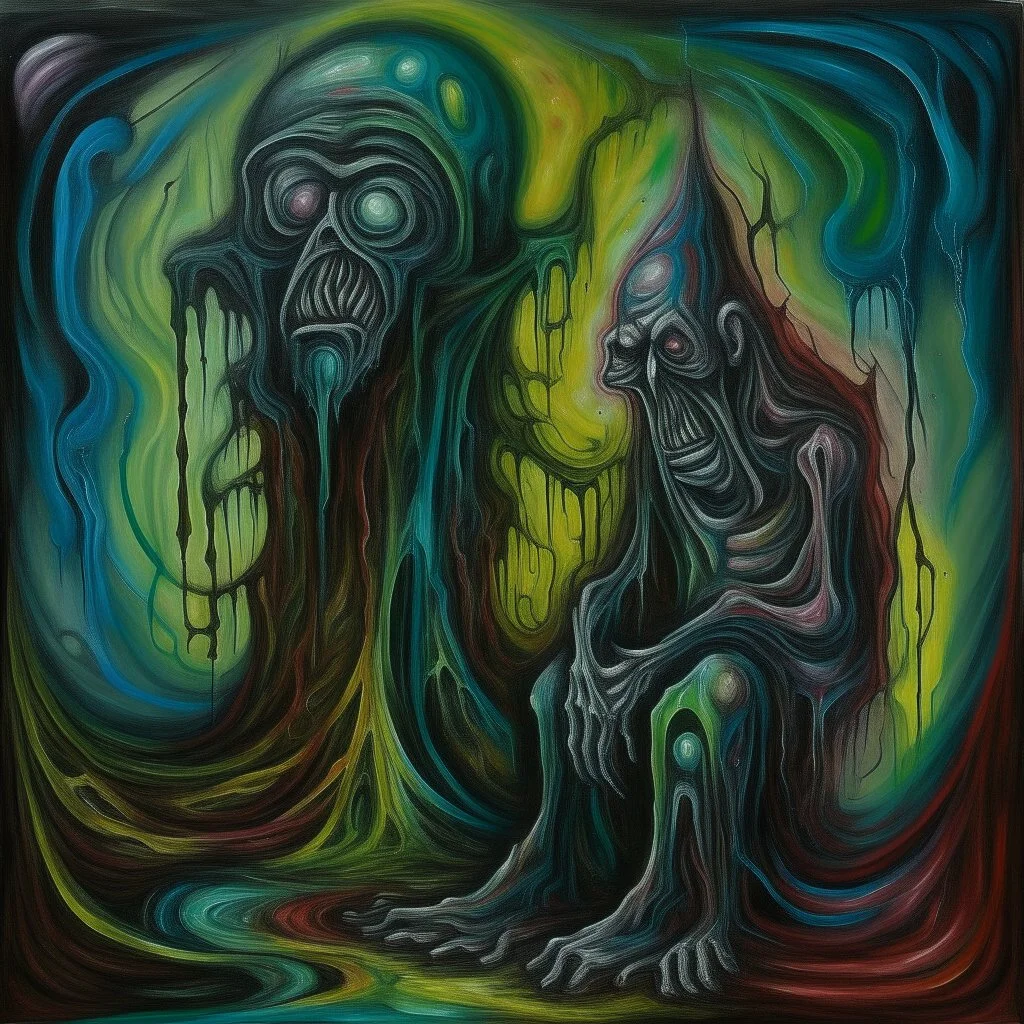 surreal abstract art, paranoid multi-level deep-seated fear of being alone, metaphoric sinister anthropomorphic interconnected weirdlings, weirdcore, unsettling