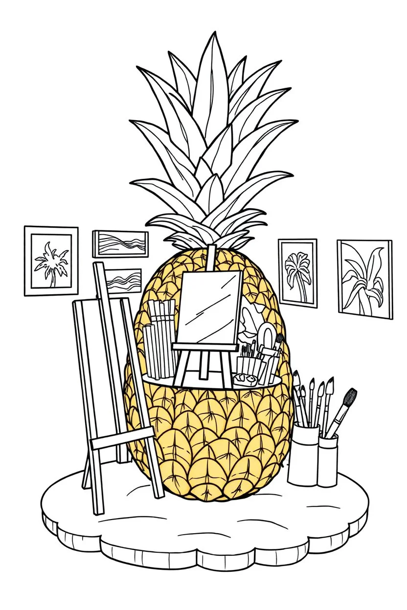 Pineapple Cozy Art Studio Coloring Page: A pineapple cross-section displaying an art studio. Features an easel, paint palettes, brushes, and artworks hung on the walls.