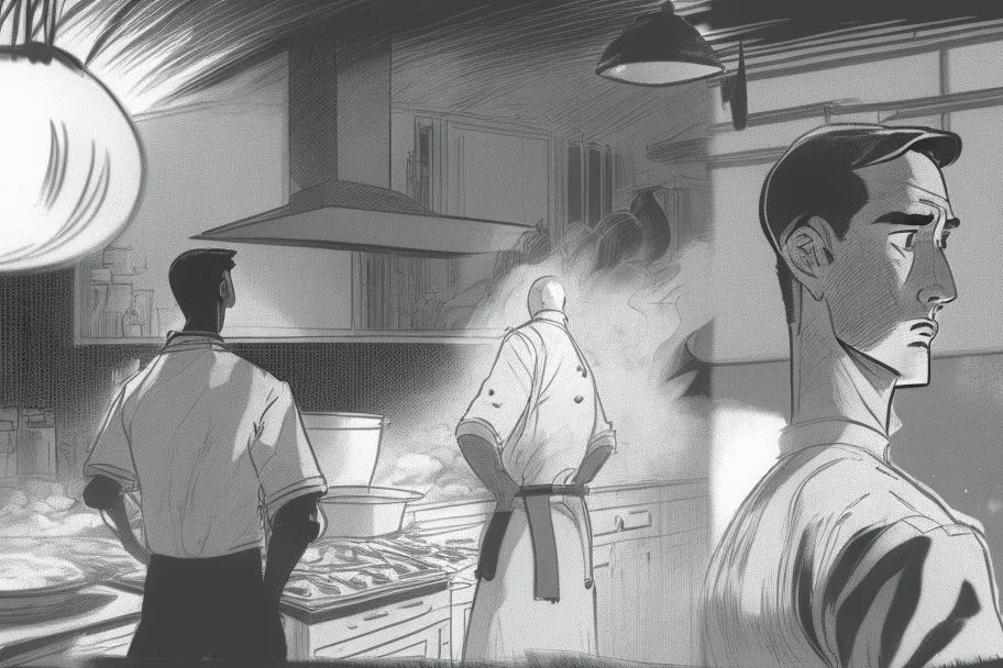 black and white storyboard, wide, on the Foreground there is a man in profile close to the camera and in the background, 3 chefs, scattered throughout the kitchen cooking, frying, cutting