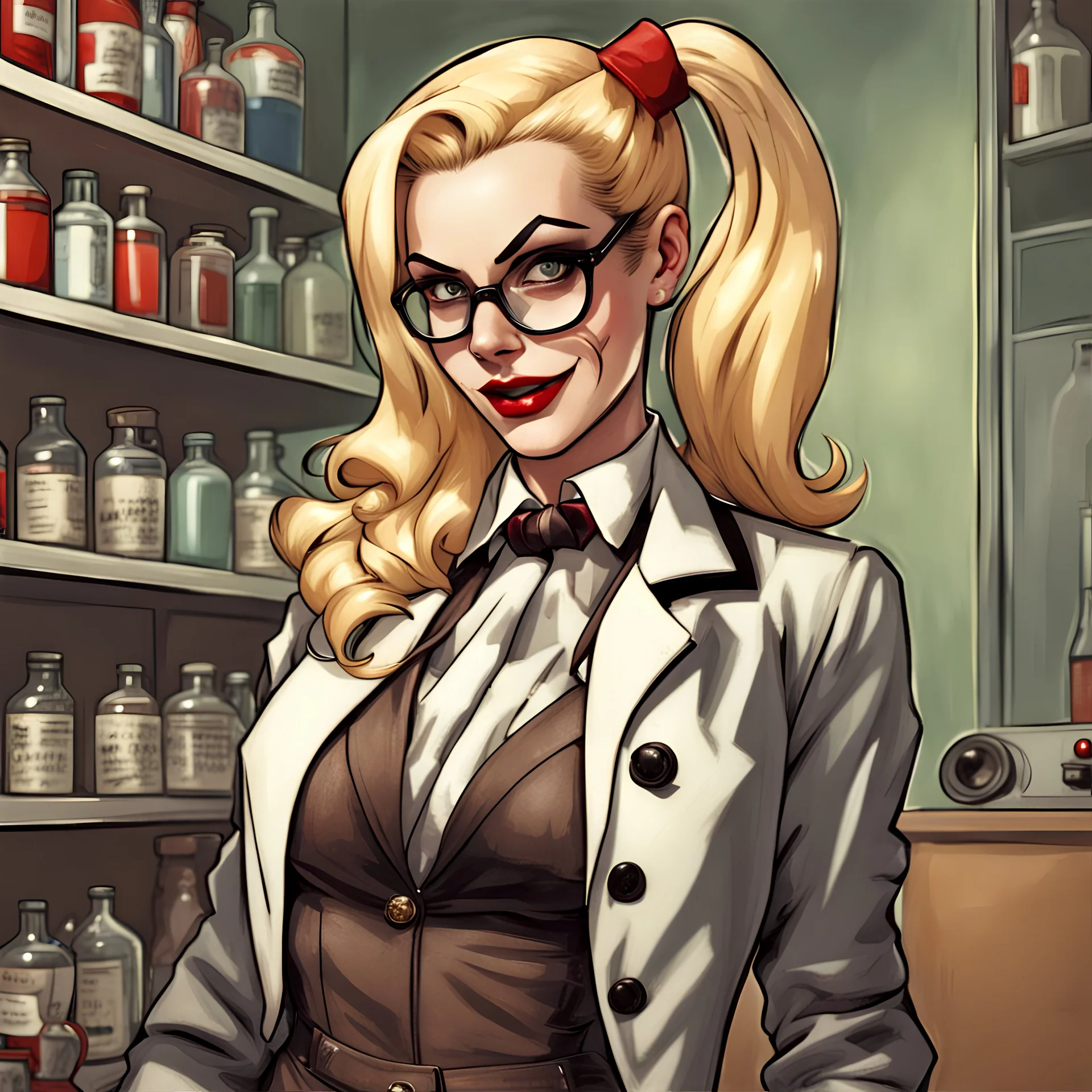 30-year-old German mad scientist in a sexy suit from 1945 Harley Quinn-style woman