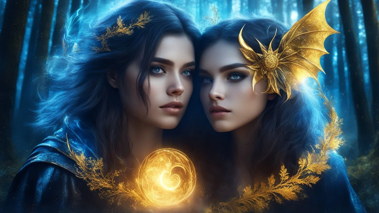 Fantasy Art, Gothic, Portrait of a beautiful Girl and a Man-DEVIL, magic items, Double exposure, Nature, Forest, Gold and silver luminescent, BLUE, Gold, fluffiness, Wind, multi-layered, Glow, Glare, Warm shades, Airiness, blending, textured, 3D, 8K, best quality, fine rendering, high detail, hyperrealism, high resolution, high definition, multi-layered, highest focus, hyper sharpness, hyperfocus,