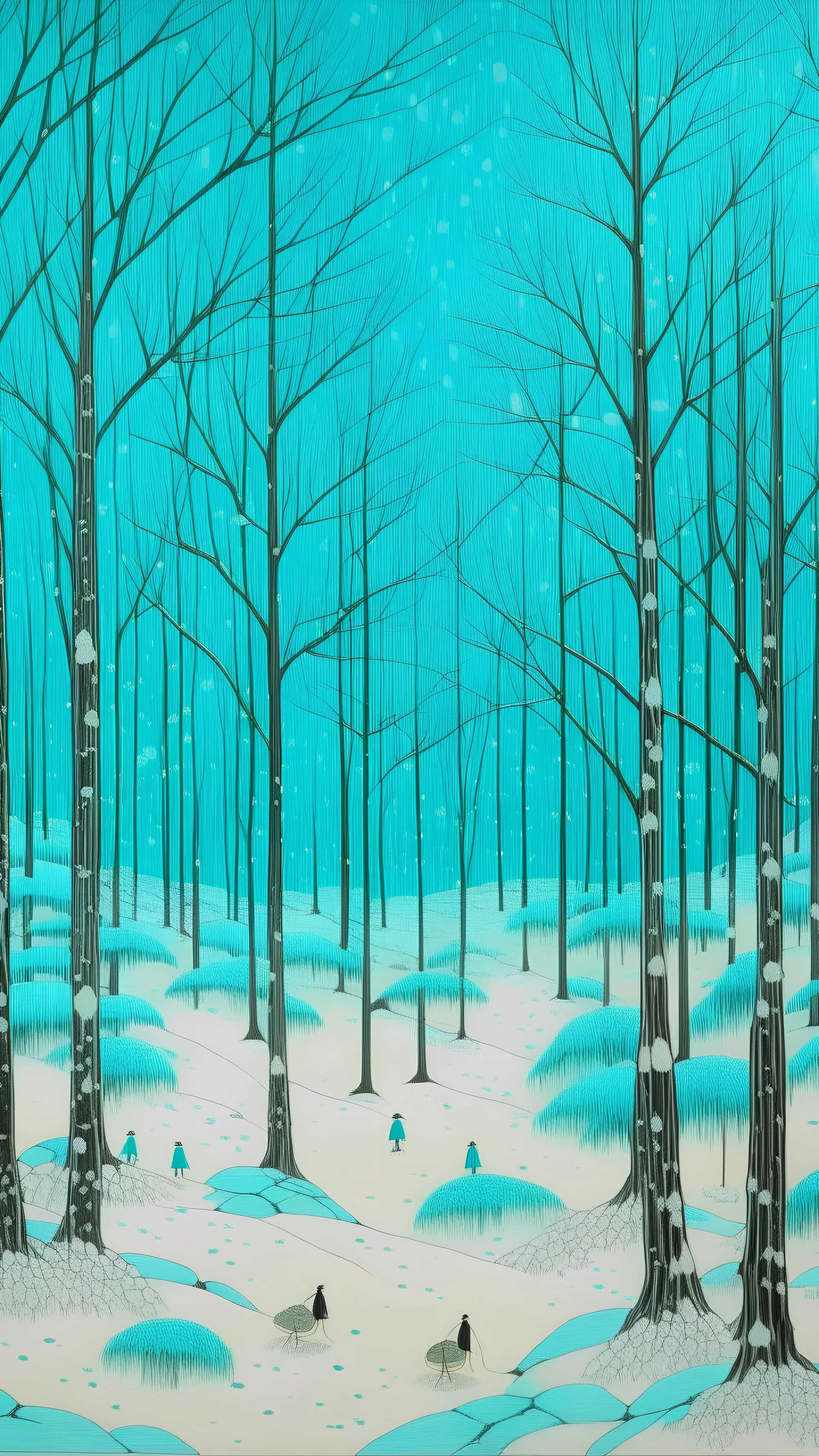 A cyan winter forest with falling snowflakes painted by Utagawa Hiroshige