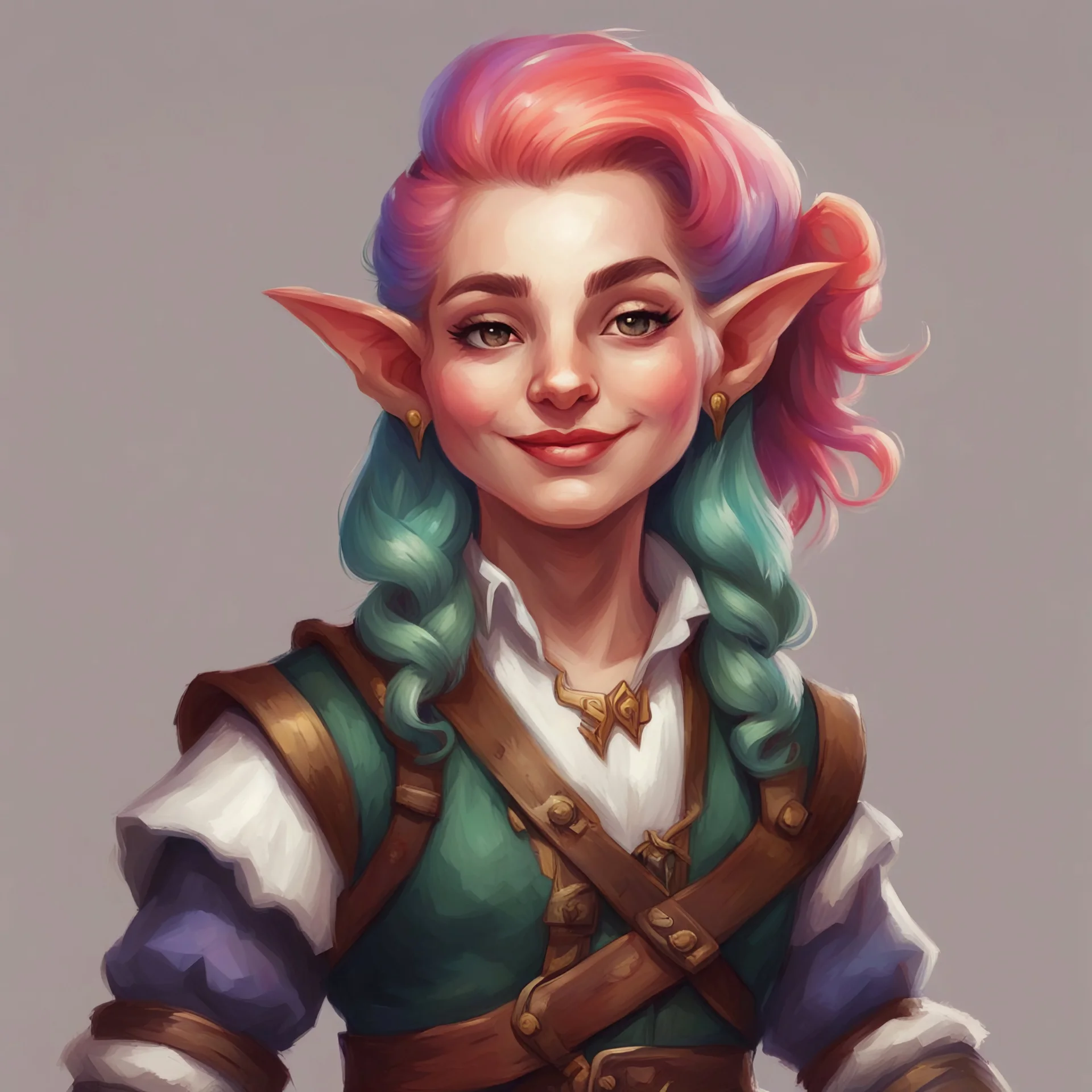 dnd, portrait of gay gnome bard female