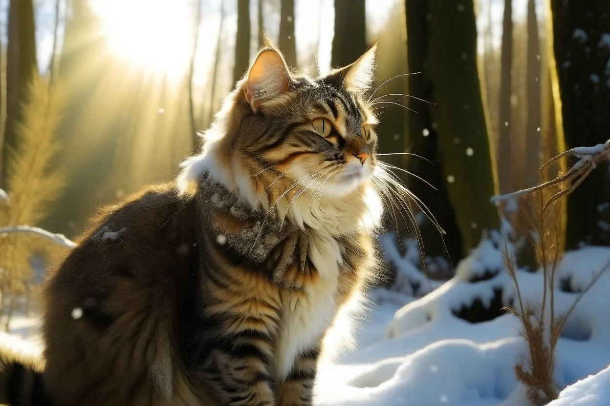 Cat in Wellensteyn coat, winter forest, pine trees, snowing, in sunshine