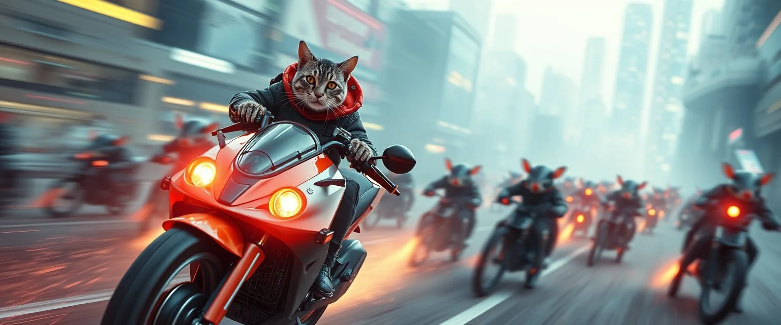hi speed arch rocket ship on leaning scooter in a swing, coated cat captain in high speed pursuit among neon rat cyber soldiers, with background motion blur