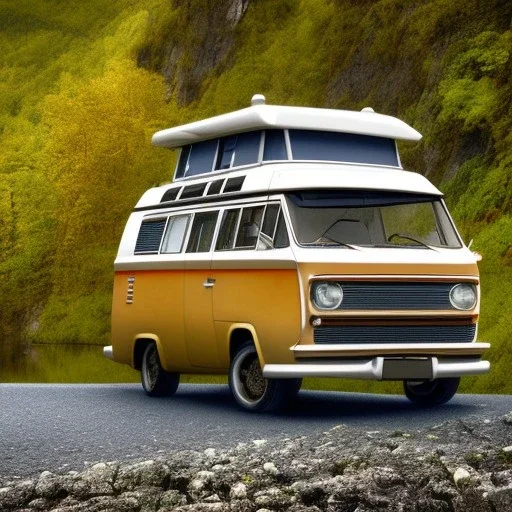 A Campervan is parking in a norwegian Fjord