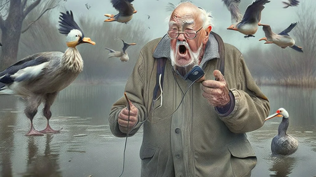 old man talks on phone while chasing ducks away, looking very confused