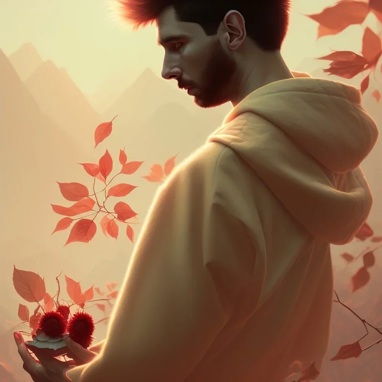 messi portrait , detailed hands, at dawn by atey ghailan, golden light , white robe, holding leaves and flowers , angels background, volumetric light, high detail, red leaf tree, mountains in background, perfect