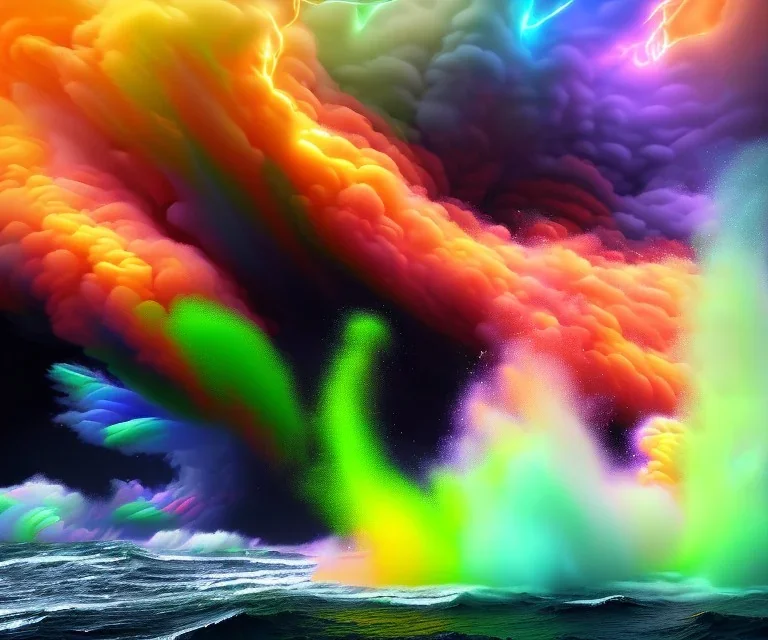 precise digital photo of a rgb random multicolour tornado made of smoke particles, over a stormy ocean, high waves colliding with the smoke, foam, intricate, 8k, extremely detailed, cgi, hyperrealistic render, volumetric lighting, impressive volumetric clouds, vitality colors, double precision