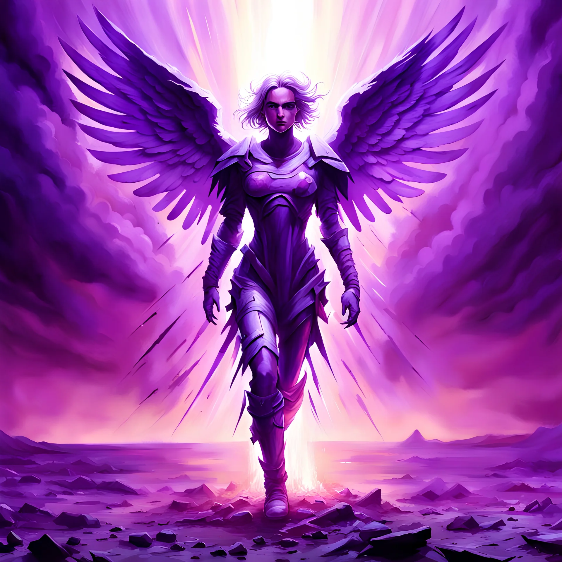 Totalitarian brutalist angel in purple coveralls uniform descends from aura of light in war torn wasteland