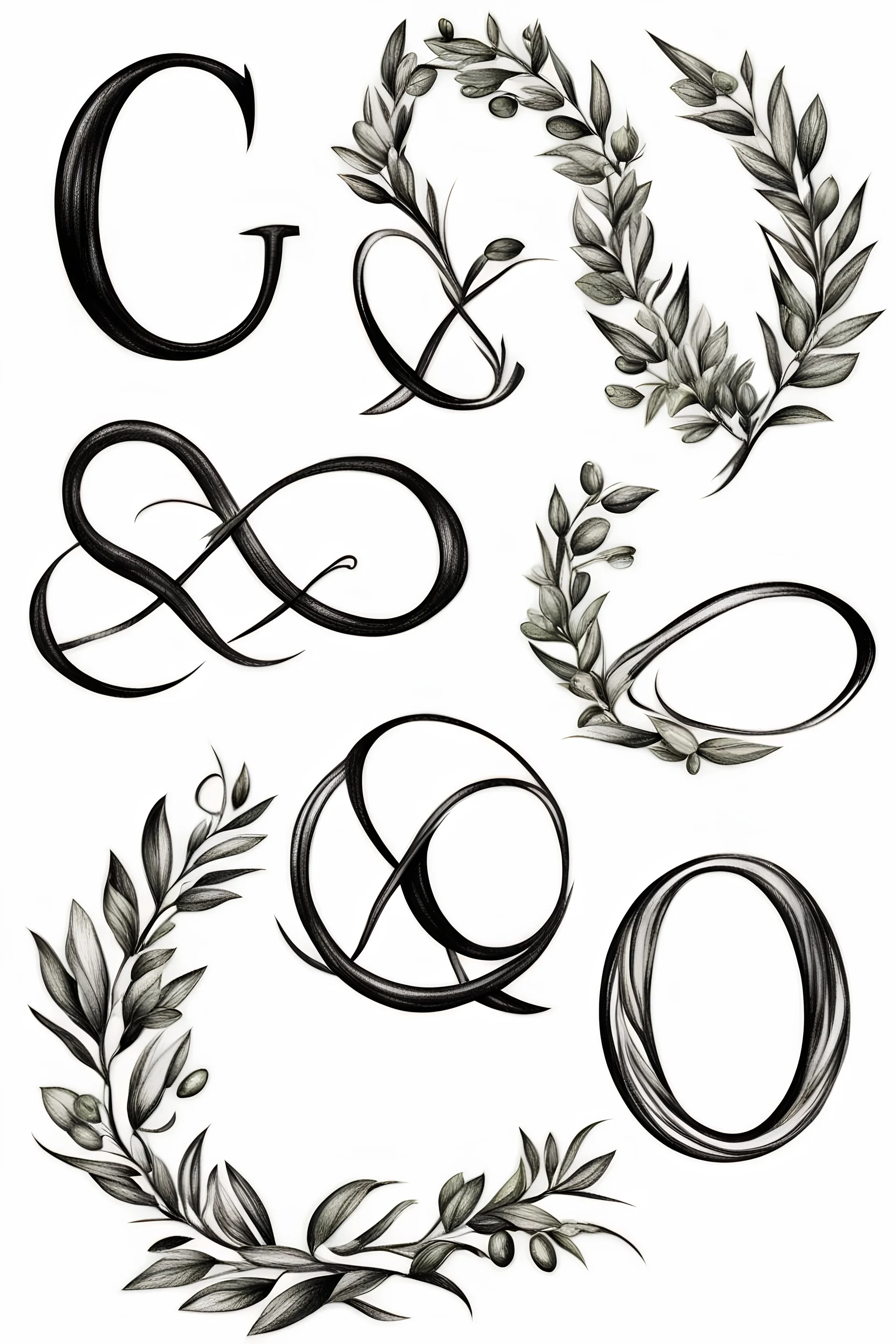 A flash of 10 designs line drawing of infinity symbols made out of two letter C and olive branches black in on white background for a tattoo design