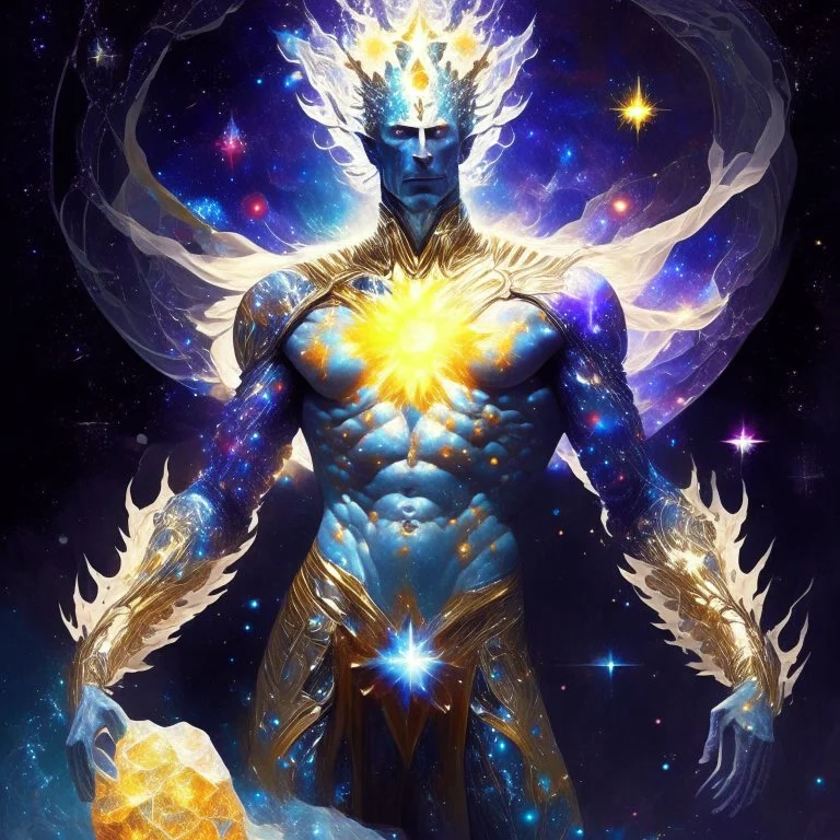 A divine being made from the combination of water and sun with cosmic powers and Dracula God-like man with infinite power who owns the galaxies and wears a beautiful crown A battle suit made of galaxies and stars with a glove that has seven endless stones