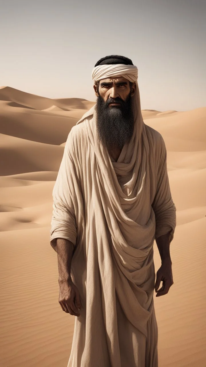 A picture of an Arab man from ancient times, standing in a desert, with a thick face, a thick beard, and evil