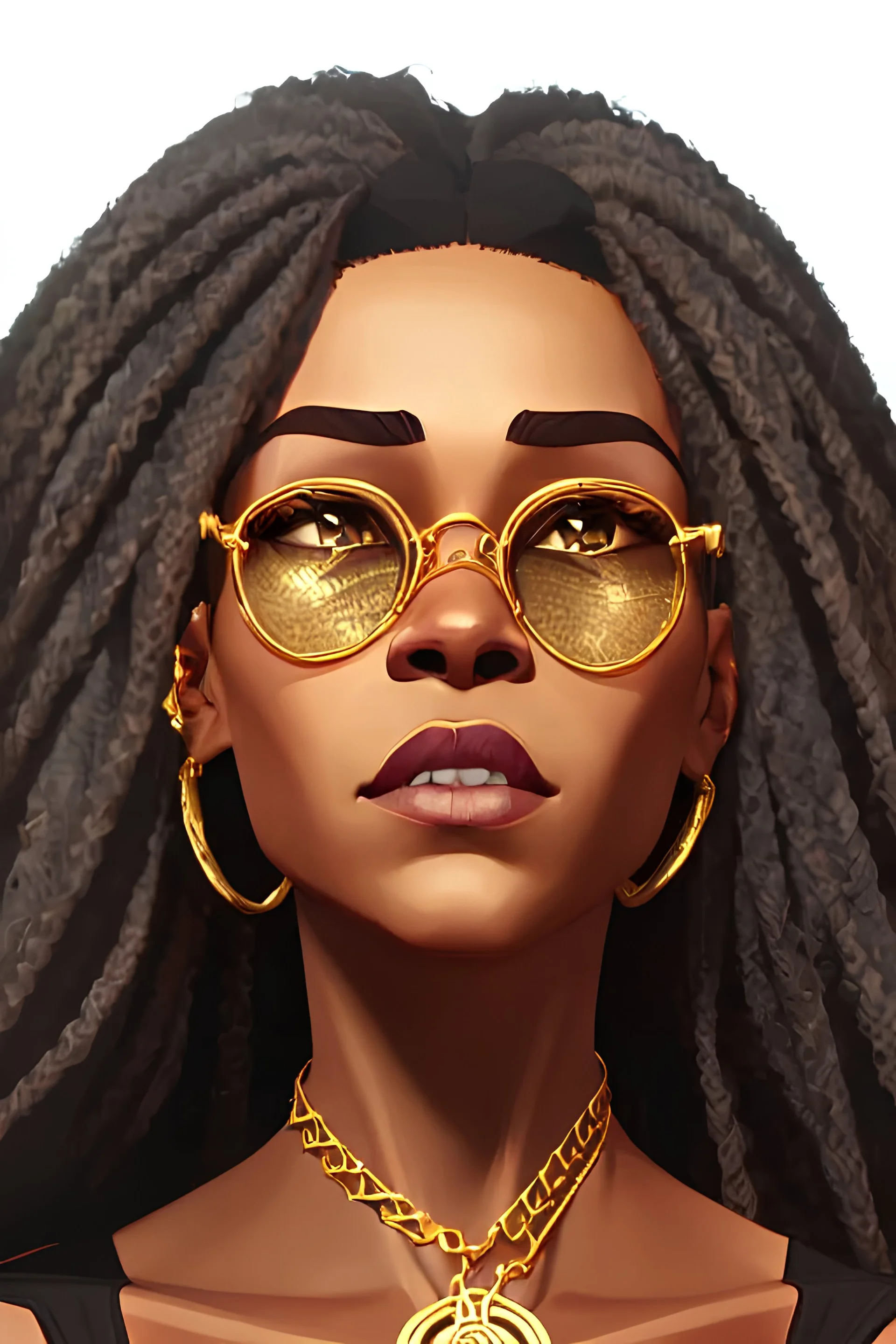 perfektes lächeln einer wunderschönen afro-amerikanischen Frau mit gelocktem braunem haar grosse oberweite portrait hyperrealistisch cinematic perfekter winkel goldkettchen sonnenbrille