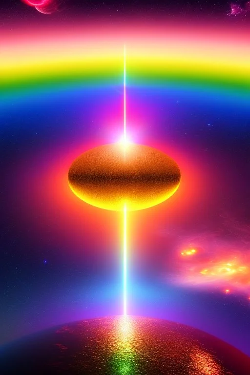 Beautiful ufo, galactic, rainbows, bright colours, blue, pink, gold, jewels,