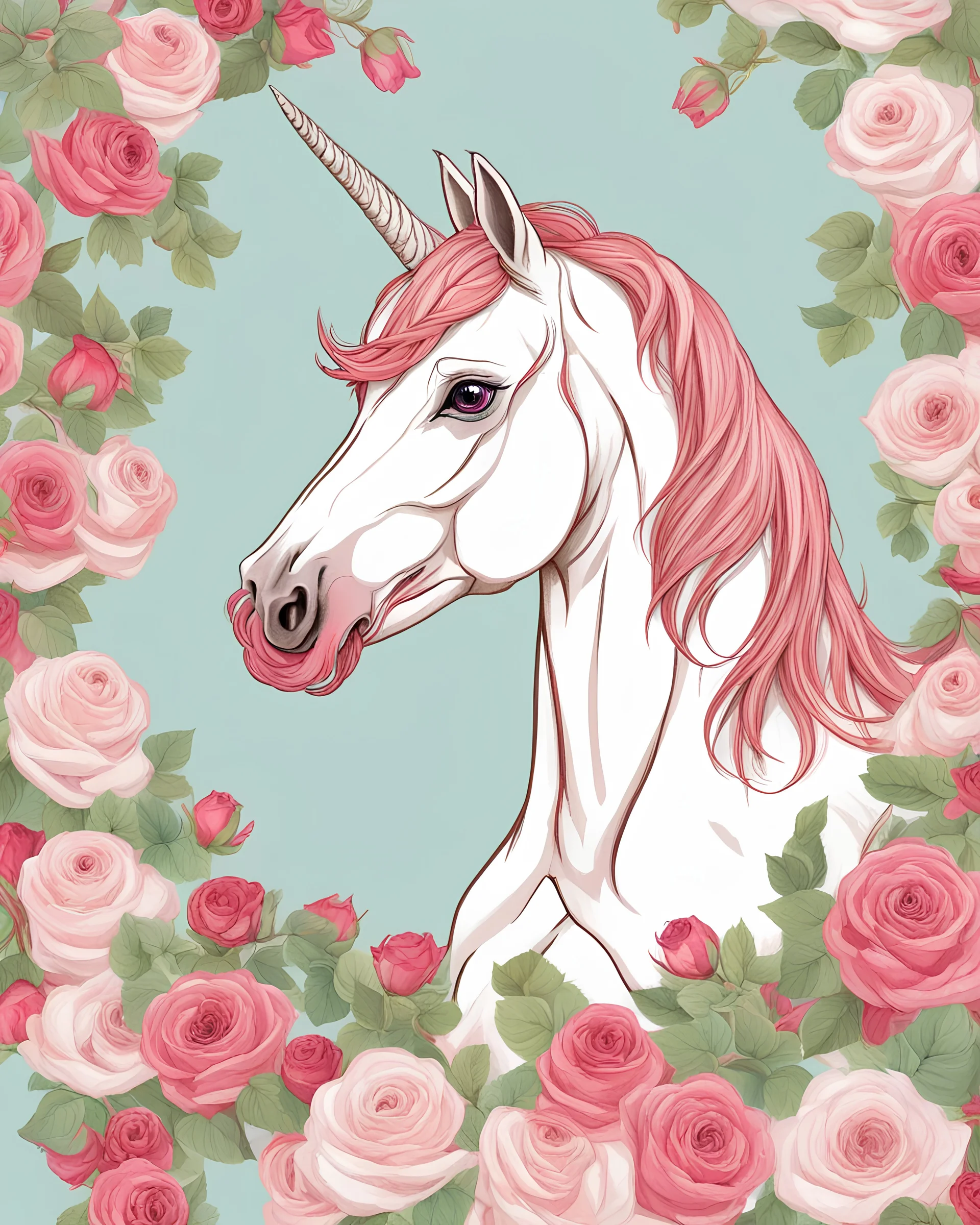 UNICORN MARE PORTRAIT CLORFULL SURROUNDED BY ROSES WHITE BACKGROUND