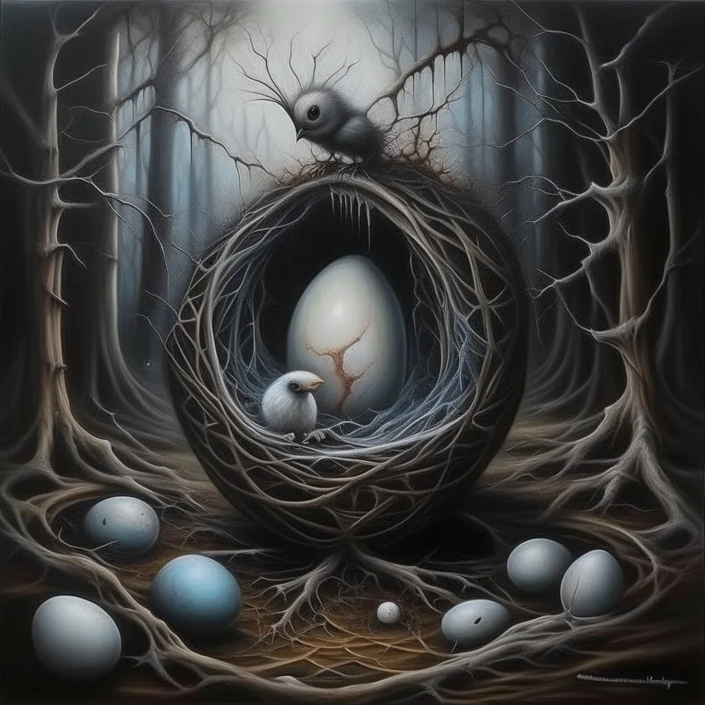 Doolally Trap nightmare anathema, eerie egg machinations, surreal, sinister, scary, profound, dramatic, acrylic painting