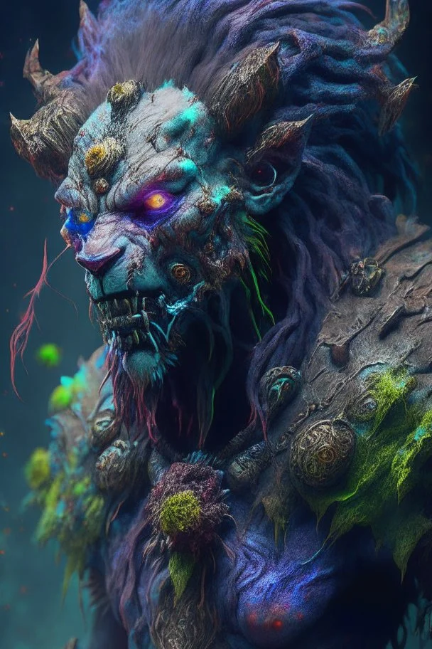 Humanoid lion zombie goat alien,FHD, detailed matte painting, deep color, fantastical, intricate detail, splash screen, complementary colors, fantasy concept art, 32k resolution trending on Artstation Unreal Engine 5