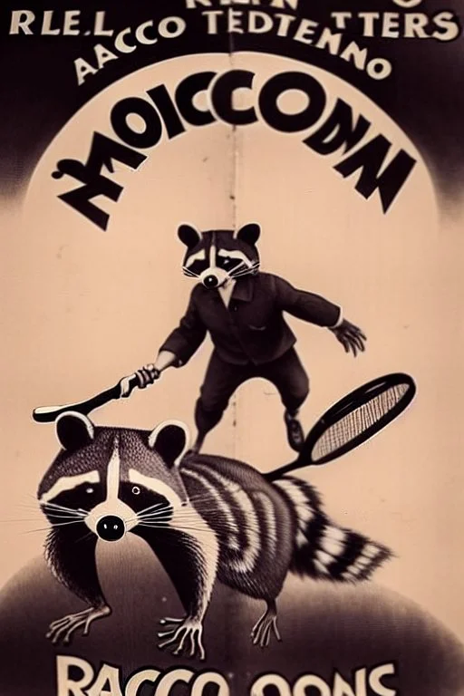 old man in 1928 poster advertising racoon tennis, raccons flying in air between tennis rackets while humans::4 use them as a tennis ball