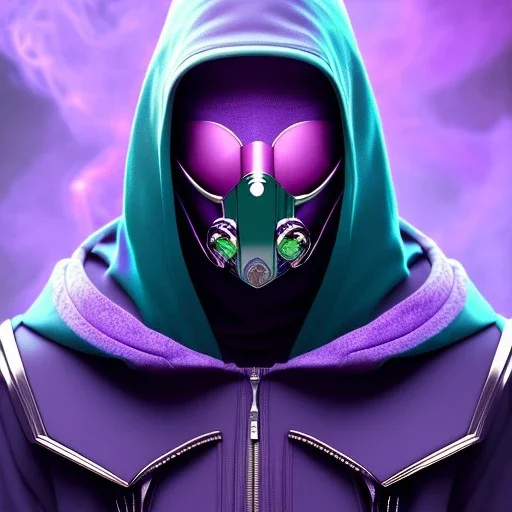 purple galaxy masked hooded super villain, weapons in hands, teal and purple smoke, full portrait, hyper realistic, 4k