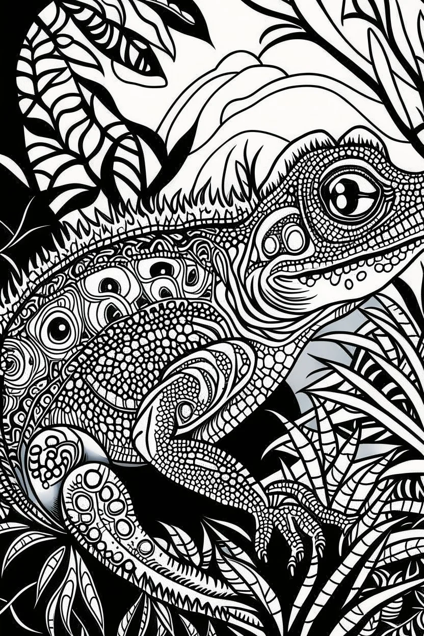 DRAW TO COLORING OF A CHAMELEON ON A JUNGLE, BLACK AND WHITE CARTOON STYLE, LOW DETAILS, THICK LINES, NO SHADING LINES