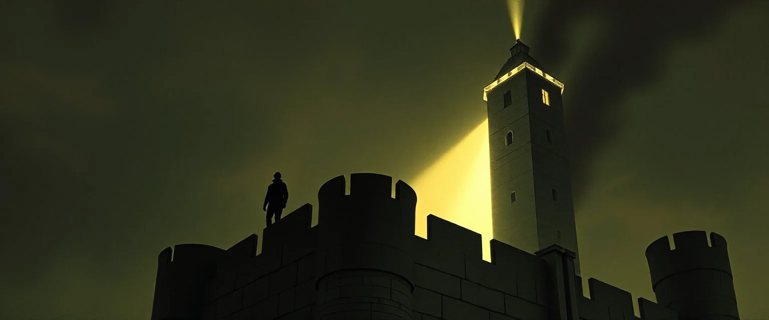 person looking down from top of castle tower, He’d turn the castle into a psychedelic mood, not just a building Instead of a clean, detailed fortress, you’d likely get something emerging from shadow—half-hidden, dramatic, almost mysterious. Think less “tourist postcard,” more “something important just happened here.” Light would be the main character Rembrandt’s signature style—Chiaroscuro—would dominate. Maybe a single beam of light hitting a tower while the rest fades into darkness.