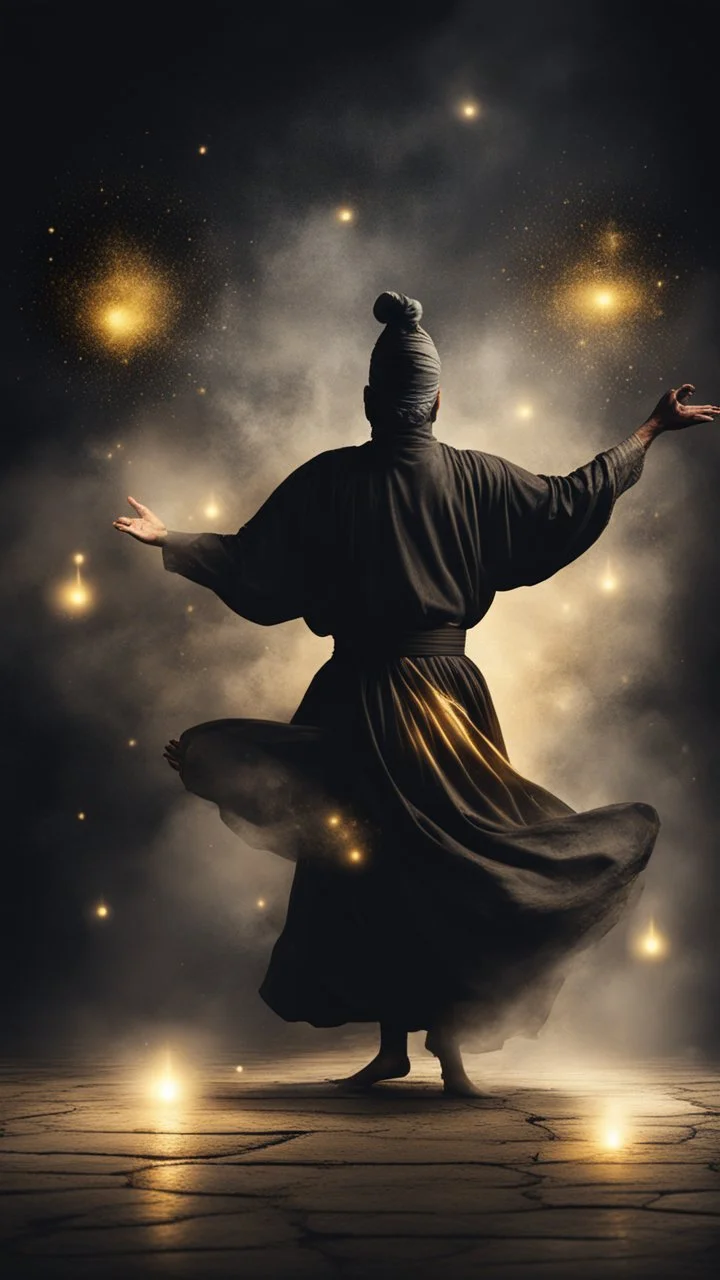 Hyper Realistic Sufi Whirling on stone floor with black & Golden Islamic Sufi Rustic Grungy Background with heavy fog & fireflies at dark night