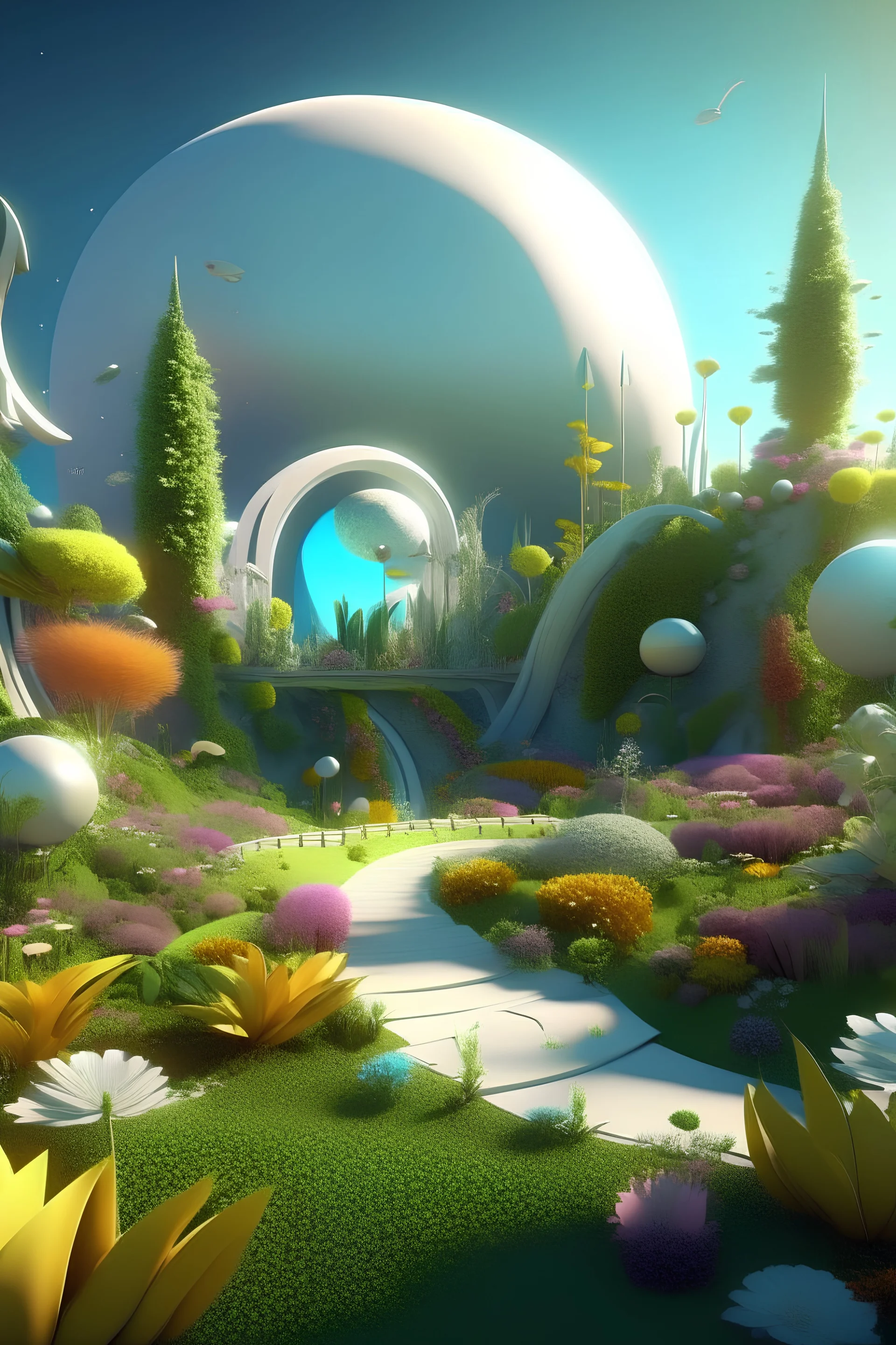 Diseña un paisaje único futurista, en formato 3D, de un mundo con muchas flores y vegetacion, con animales pequeños, con un sol radiante y la luna.