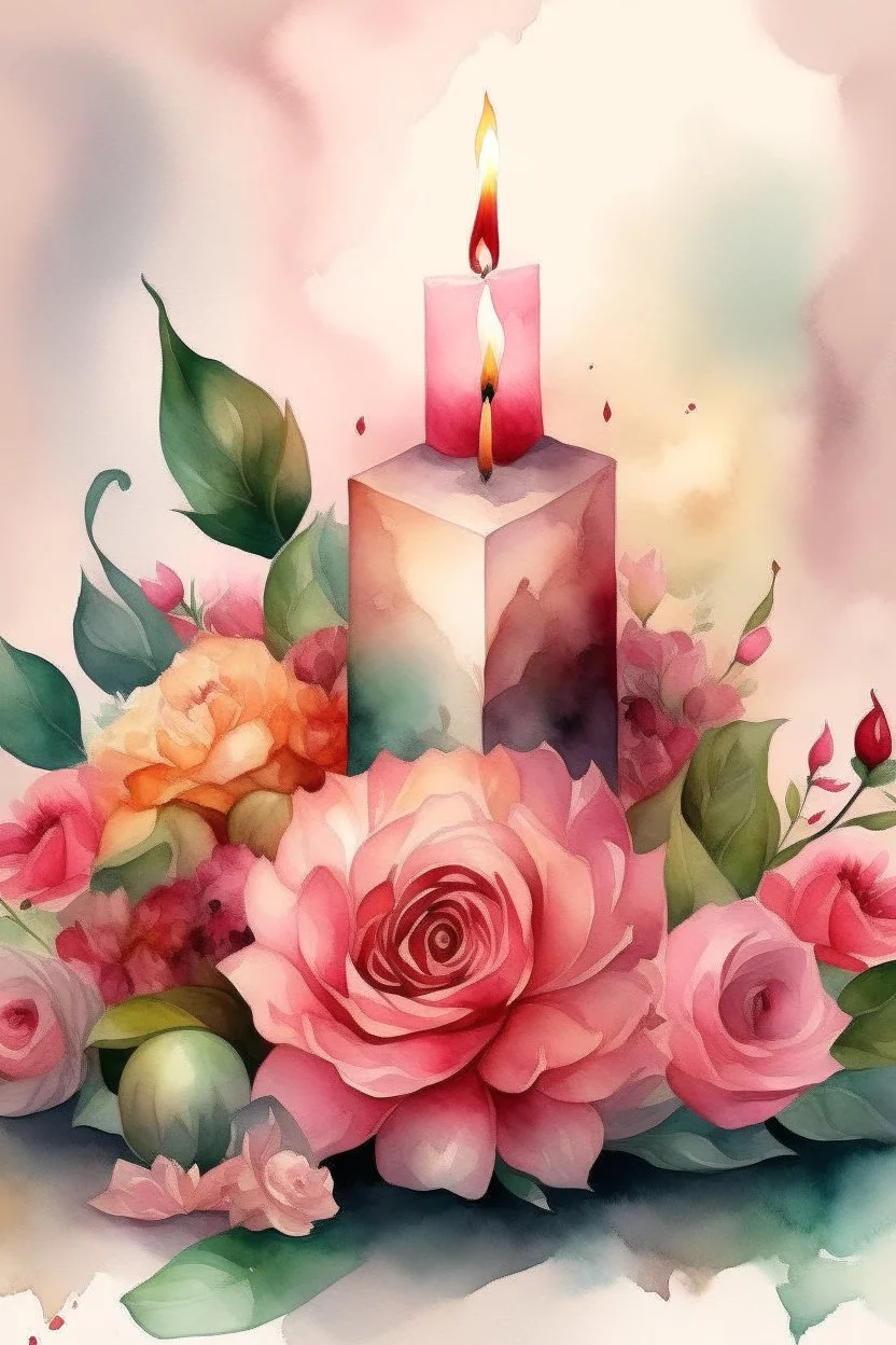 MAGIC A PYRAMID CANDLE IS BURNING AROUND WONDERFUL FLOWERS English watercolor, Smoky cream, pale gray, pale pink, pink background. bright light, a bouquet of roses on the table are pale pink, pale bordeaux, white, ochre. green stems, the light is translucent. Watercolor, fine ink drawing,