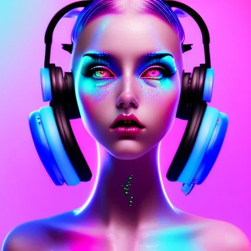 woman teenager, headphones, retro futuristic, shaved hair, latex, gradient color, BLUE, PINK, CYAN, neon, insanely detailed, 16k resolution, perfect eyes, cinematic smooth, intricate detail