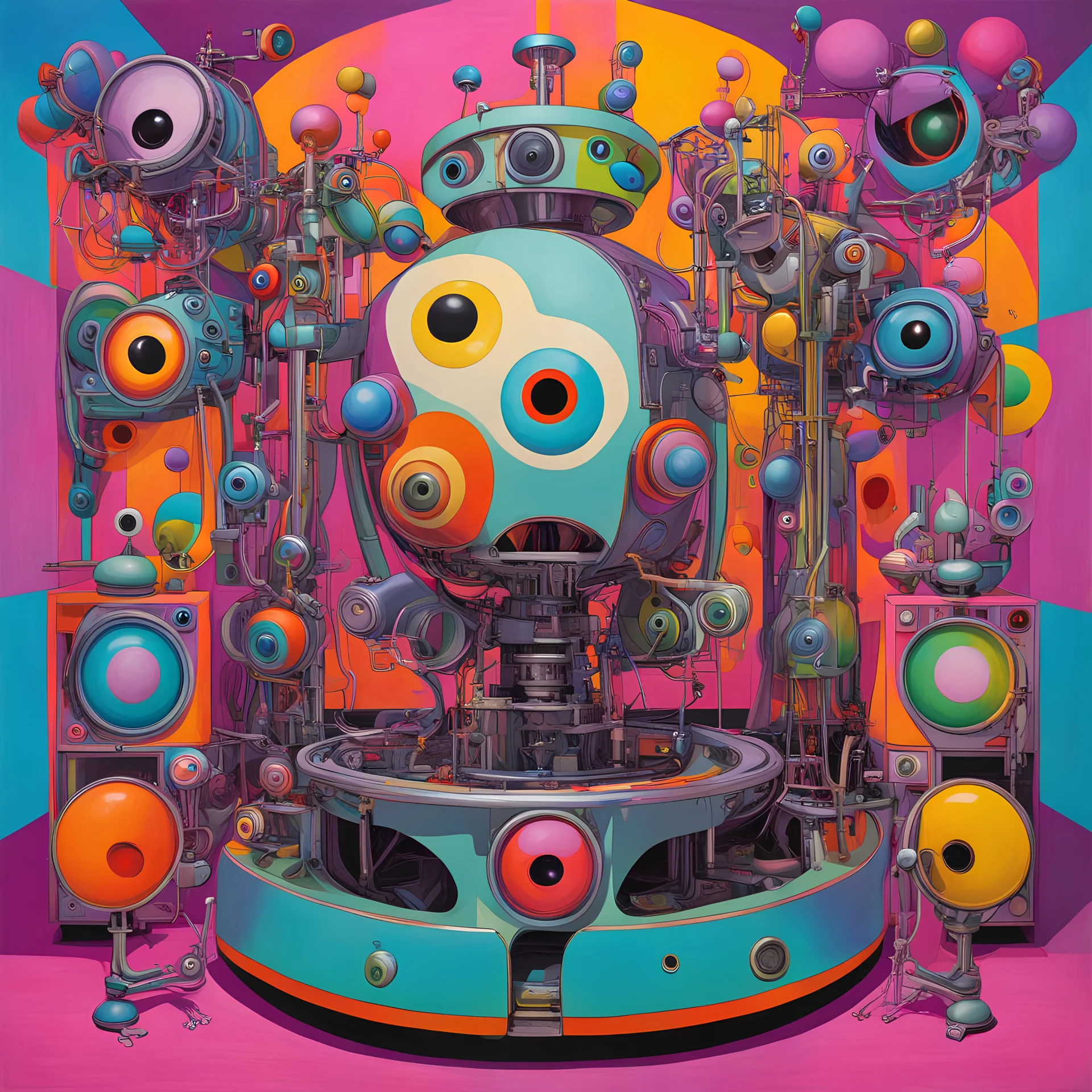 Welcome to the Machine, what did you dream?, surreal morbid, expansive, surrealism, creepy, artistic, by Peter Shire, by Steven Harrington, bright vivid colors, eyeballs